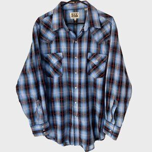 Ely Cattleman Western Snap-Button-Up Plaid Shirt Mens XL Blue Cowboy Long-Sleeve